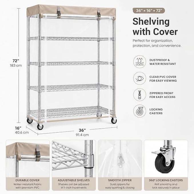 Wire Shelving with Cover, 5-Tier Metal Storage Rack, Lockable Wheels & Leveling - Image 3
