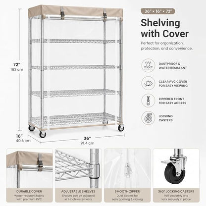 Wire Shelving with Cover, 5-Tier Metal Storage Rack, Lockable Wheels & Leveling - Image 3