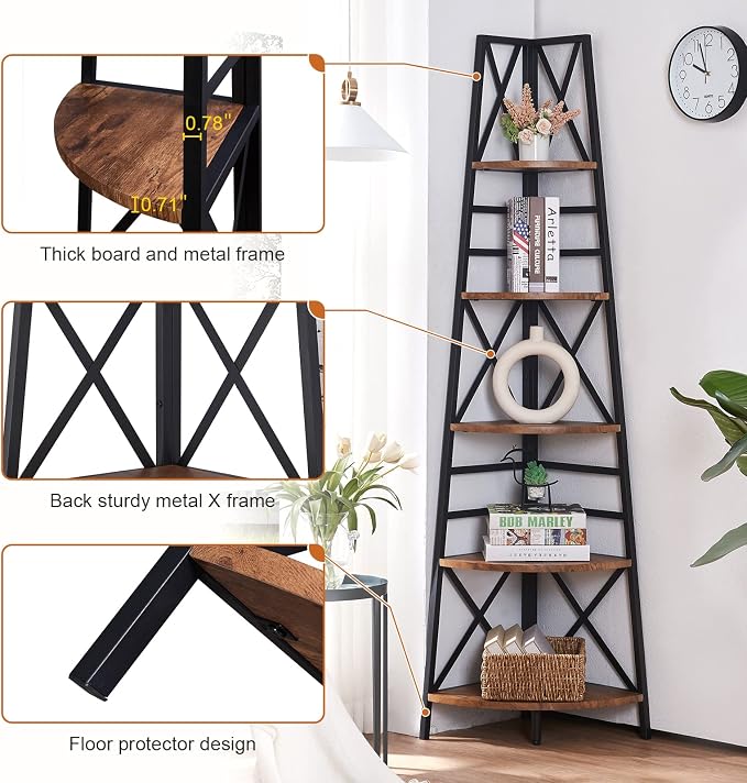 HOMBAZAAR 72 Inch Tall Corner Shelf, 5 Tier Corner Ladder Bookshelf, Tall - Image 5