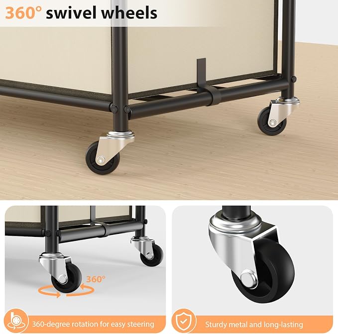 3-Section Rolling Laundry Hamper, 40 Gal Laundry Sorter Cart - Image 6