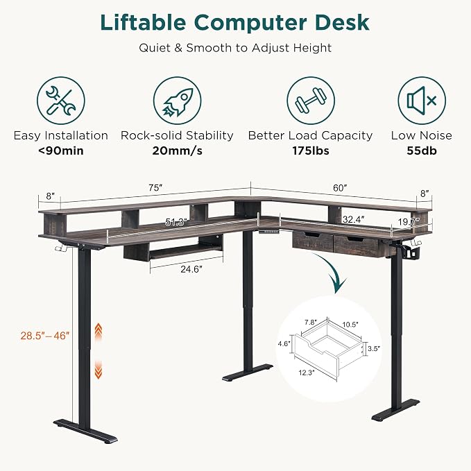 RedLemon 75X60 Inches L Shaped Electric Standing Desk, Height Adjustable Corner - Image 2