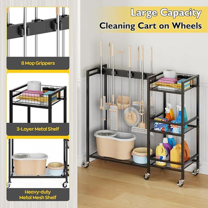 Broom Holder with Cleaning Supplies Organizer, Movable Broom Closet Storage - Image 5