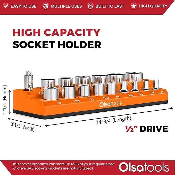 Olsa Tools Magnetic Socket Organizer | 1/2-inch Drive | SAE | Orange | Holds 16 - Image 3