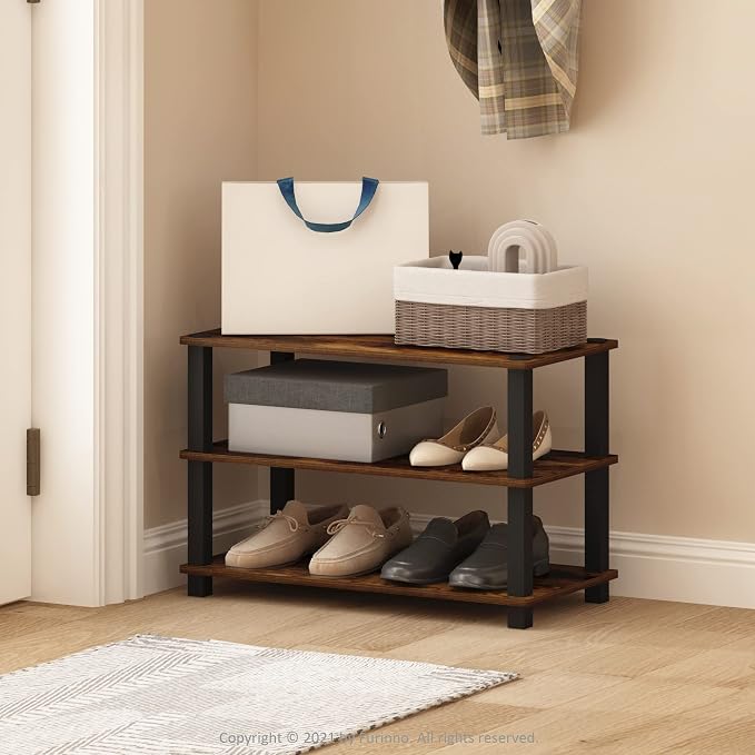 Furinno Turn-S-Tube 3-Tier Shoe Rack, Amber Pine/Black | 11.6 x 23.6 x 22.2 - Image 2