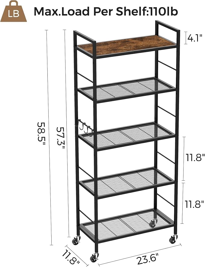 5-Tier Metal Storage Rack with Industrial Wheels, Mesh Shelving Unit with - Image 6