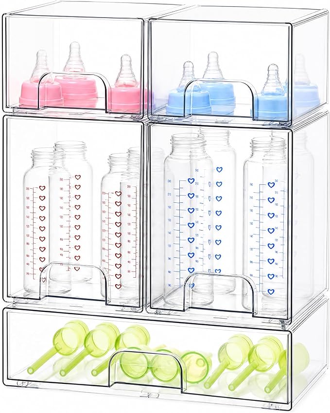 Baby Bottle Organizer, 5 Pack Clear Acrylic Stackable Storage Drawers, Baby by Degeyoyo