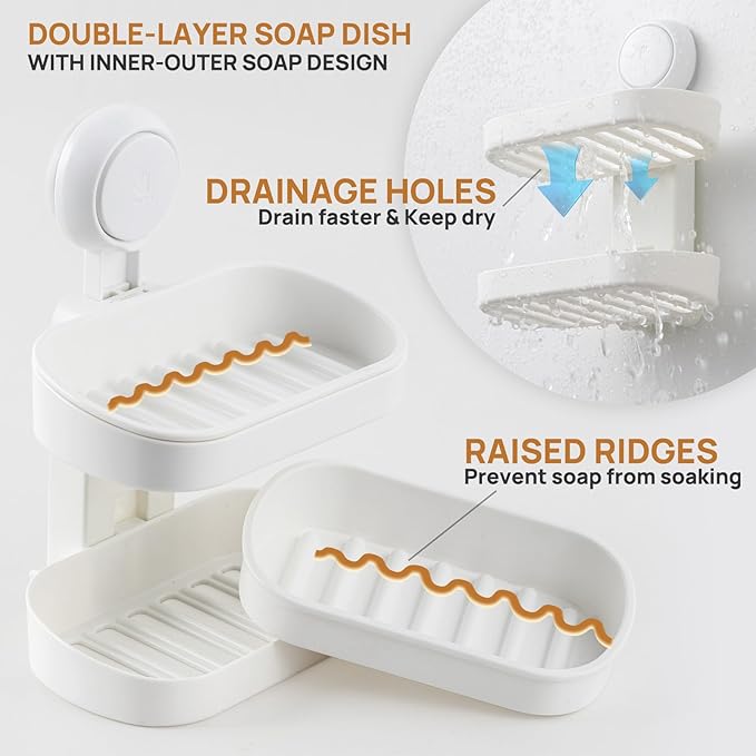 LEVERLOC Soap Dish Holder for Shower Double Layer Suction Cup Wall Mounted - Image 4