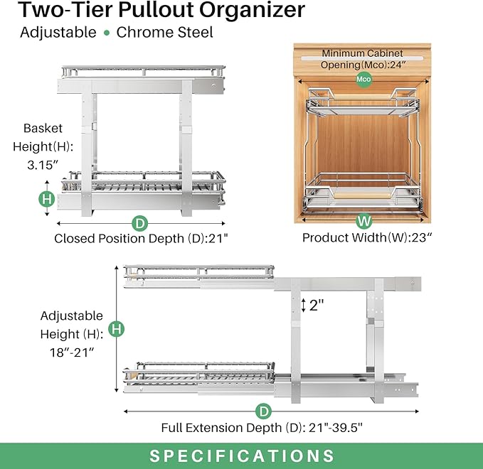 Pull out Cabinet Organizer, 2 Tiers 23"W X 21"D, Heavy Duty Smooth Sliding - Image 3