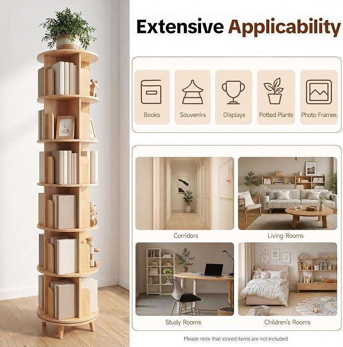 6 Tier Rotating Bookshelf Tower, Solid Wood Bookshelf - Image 5