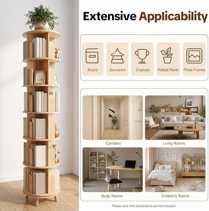 6 Tier Rotating Bookshelf Tower, Solid Wood Bookshelf - Image 5