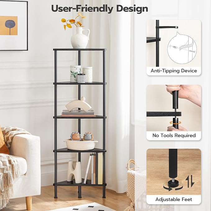 HOOBRO Corner Shelf Stand, Industrial 5-Tier Wall Corner Bookshelf - Image 6