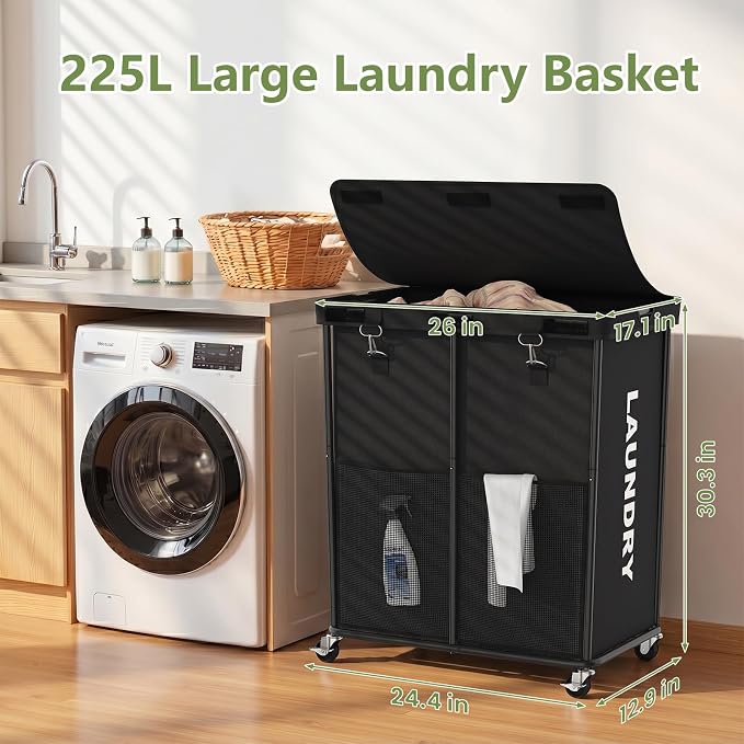 Laundry Hamper with Wheels and Lid, 225L Heavy Duty Rolling Laundry Basket - Image 2