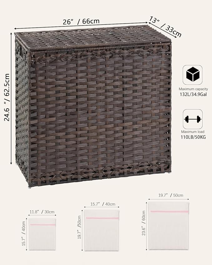 Laundry Hamper with Lid Laundry Basket 132 L Wicker Clothes Hamper, Handwoven - Image 5
