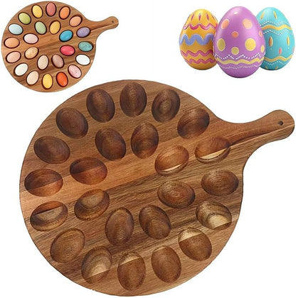 24 Holes Wood Deviled Egg Platter Round Tray by Unknown