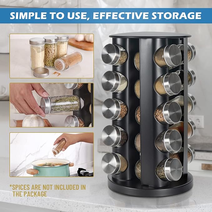 Tianifa Black Countertop Revolving Spice Rack, Empty 20-Jars Rotating Spice - Image 5