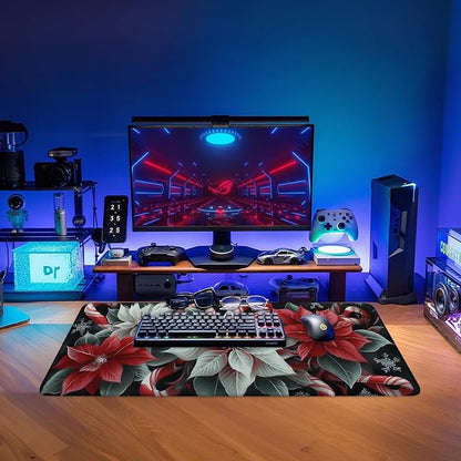 Christmas Flowers Gaming Mouse Pad 31.5"x11.8"Desk Mat Anti-Slip Rubber Base & - Image 9