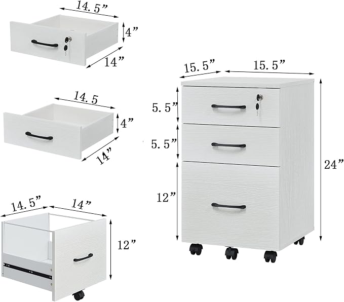 File Cabinet With Lock, 3 Drawer Wood Rolling Filing Under Desk - Image 2