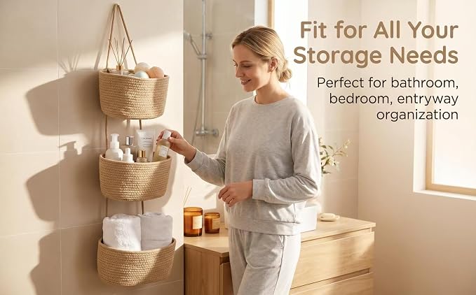 3-Tier Over the Door Hanging Basket, Cotton Rope Woven Decorative Hanging - Image 7