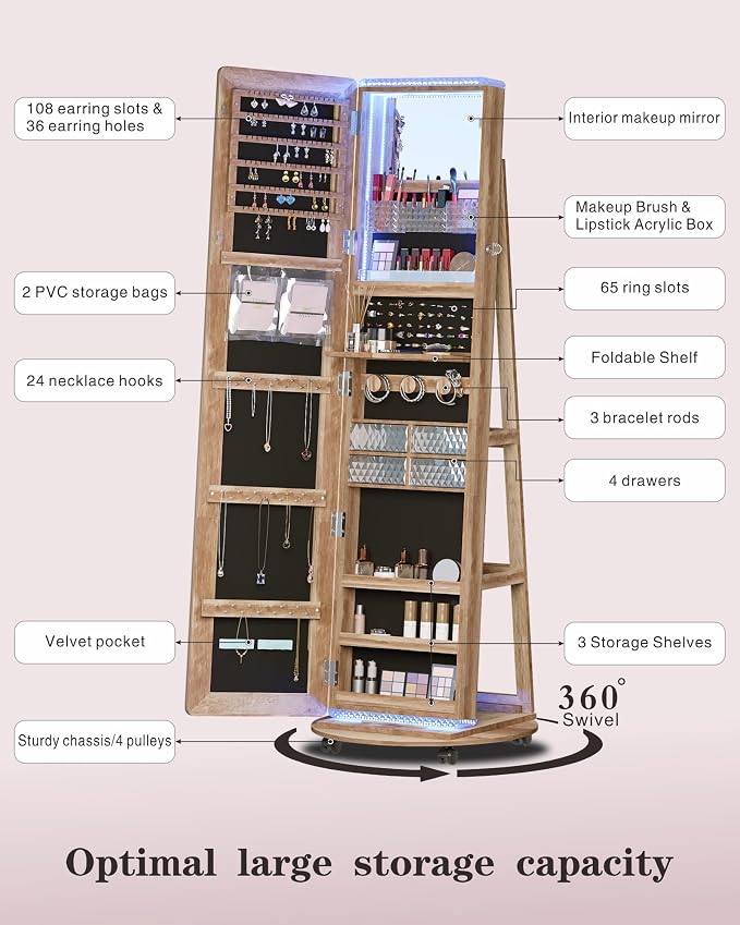 Full Length Mirror with Storage, Standing Mirror Jewelry Cabinet with 3 Color - Image 7