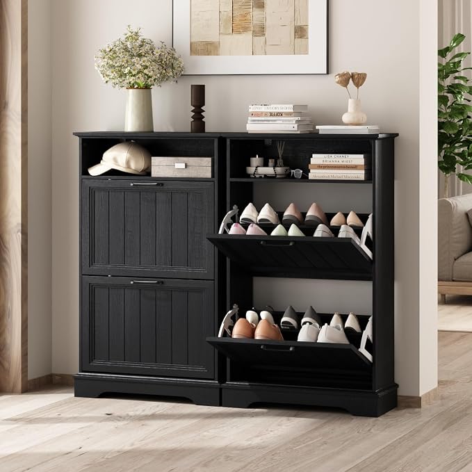 Shoe Storage Cabinet with 2 Flip Drawers, Narrow Slim Shoe Organizer - Image 6