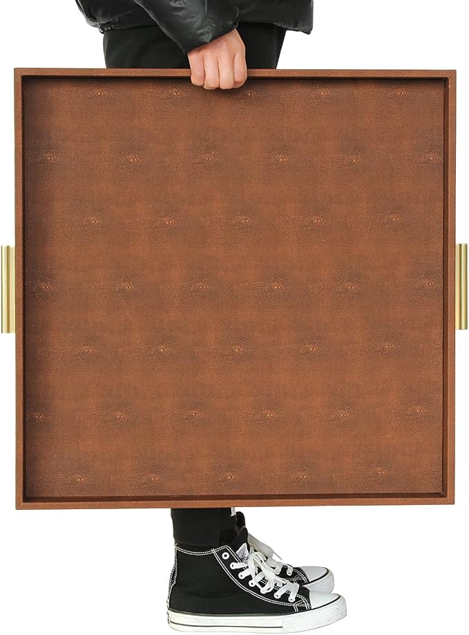 HofferRuffer Extra Large Square Serving Tray, Elegant Faux Leather Ottoman Tray - Image 5