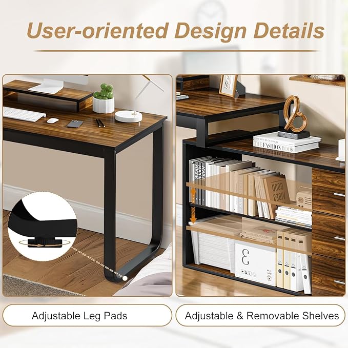 55 Inch L Shaped with Storage Shelves, Corner Computer Desk with Drawers - Image 7