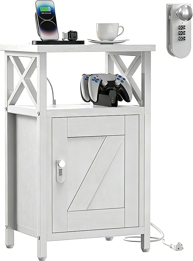 runjuly Wooden Nightstand with Lock Storage and Charging Station, Lockable by Home