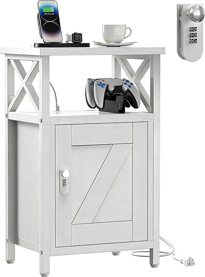 runjuly Wooden Nightstand with Lock Storage and Charging Station, Lockable by Home