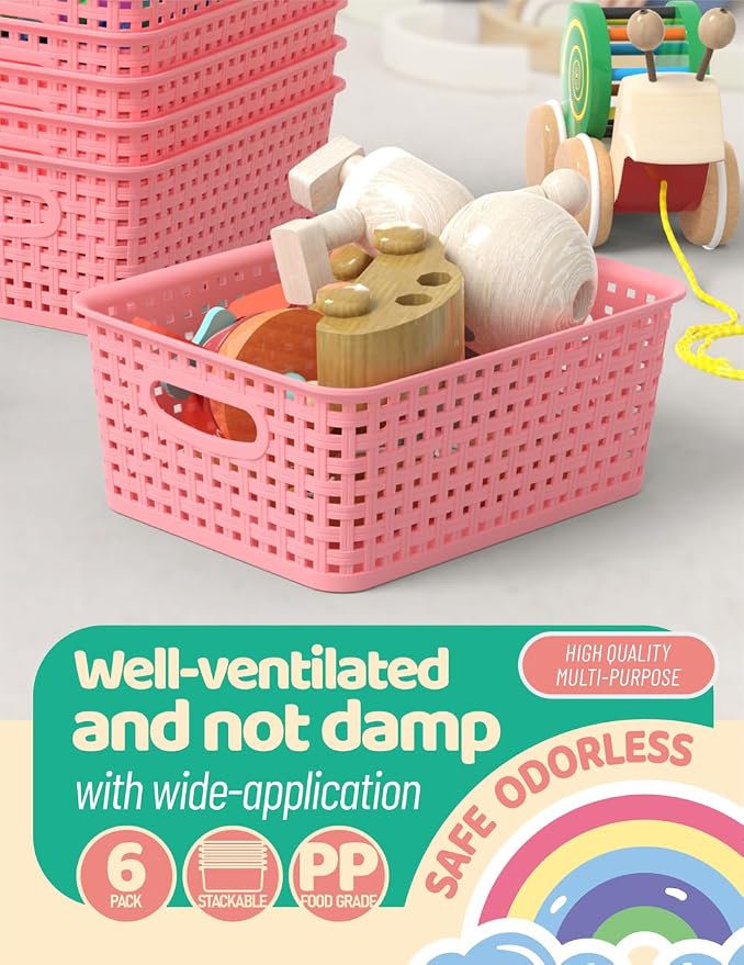 WYT 6-Pack Plastic Small Shelf Storage Weave Baskets Organizing - Image 4