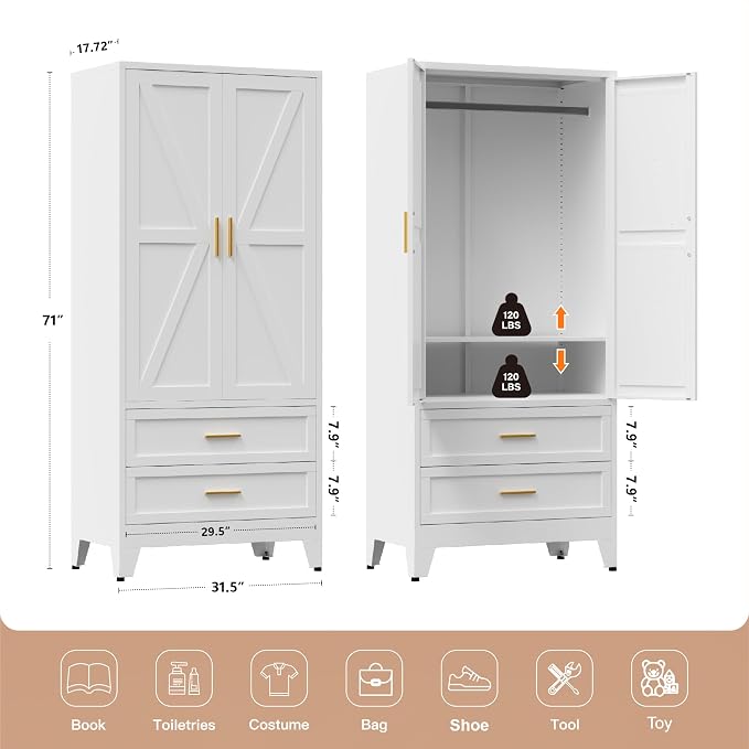 71" Tall Metal Wardrobe Cabinet - Image 3