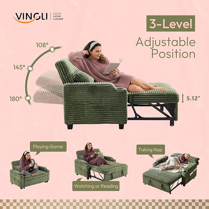VINGLI Green Futon Sofa Bed Convertible Loveseat Sleeper Sofa Couch, Corduroy - Image 4