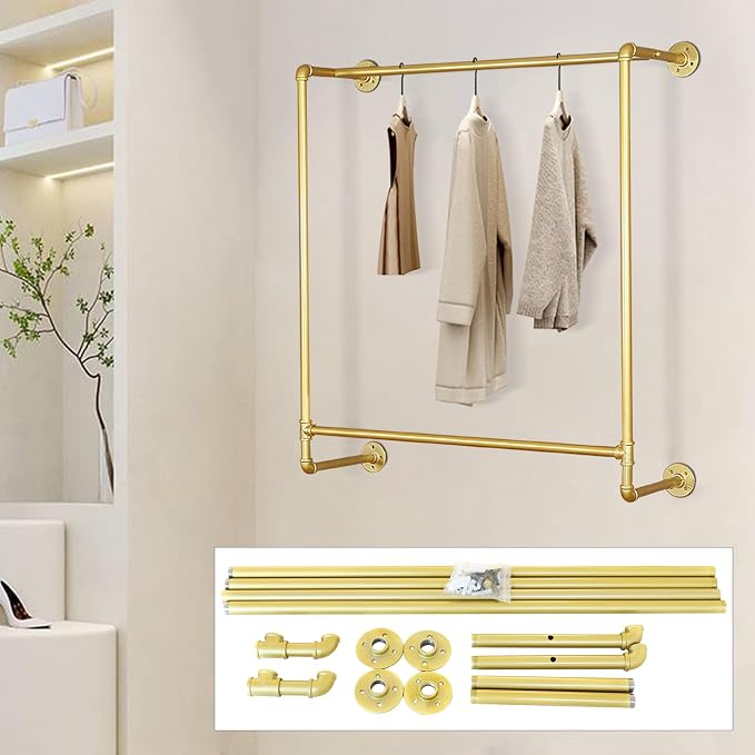 Gold Wall Mounted Clothes Rack, Industrial Pipe Garment Rack Hanging Rod Bar - Image 5