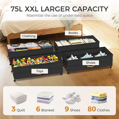 Under Bed Storage with Wheels 4-Pack, 75L XXL Under the Bed Storage Containers - Image 3