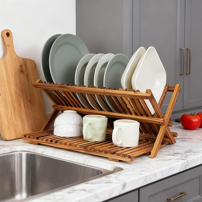 Utoplike Large Teak Dish Drying Rack, Wooden 3 Tier Collapsible Dish Draine - Image 5