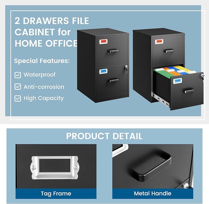 2 Drawer File Cabinet with Lock, 25.4" High Vertical Filing Cabinet, 17.7" Deep - Image 6
