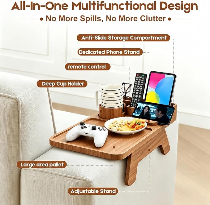 Bamboo Couch Arm Tray, with Cup Holder Phone Stand&Non-Slip | 100% side-pressed - Image 5