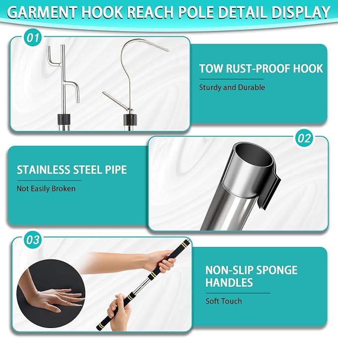 Clothes Hook Pole Heavy Duty, 32 to 80In Retail Clothing Hook Pole | Extra Long - Image 3