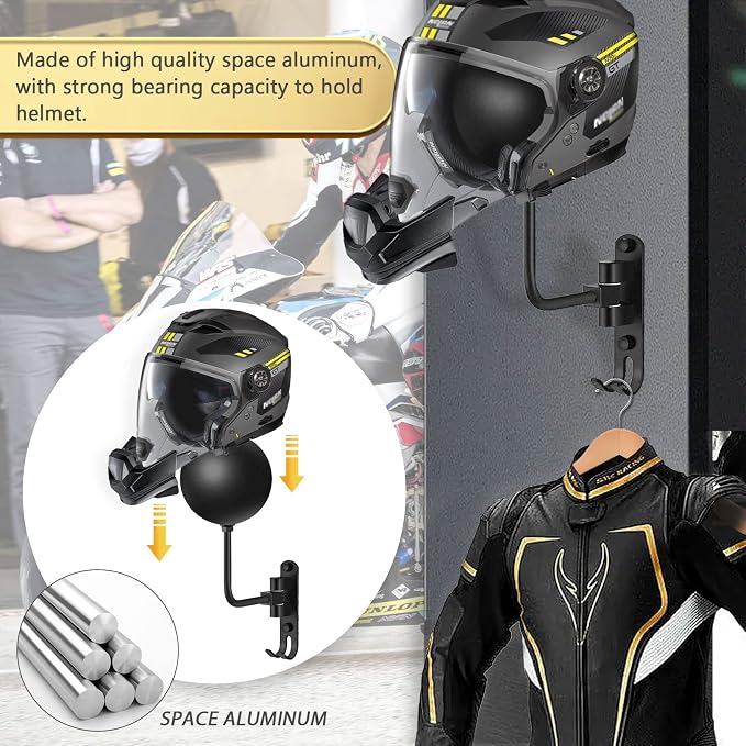 Kikerike Motorcycle Helmet Rack Wall Mount 180 Degree Rotation Metal Bike - Image 5