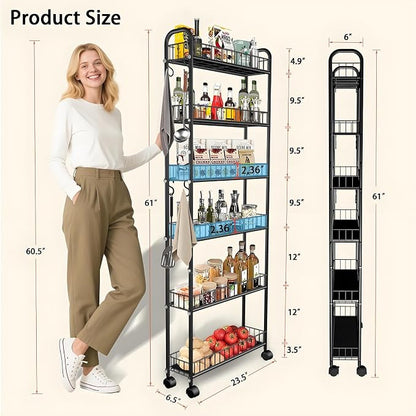 Slim Storage Cart with Wheels, 6-Tier 6in Black Narrow Rolling Shelf, Sturdy - Image 3