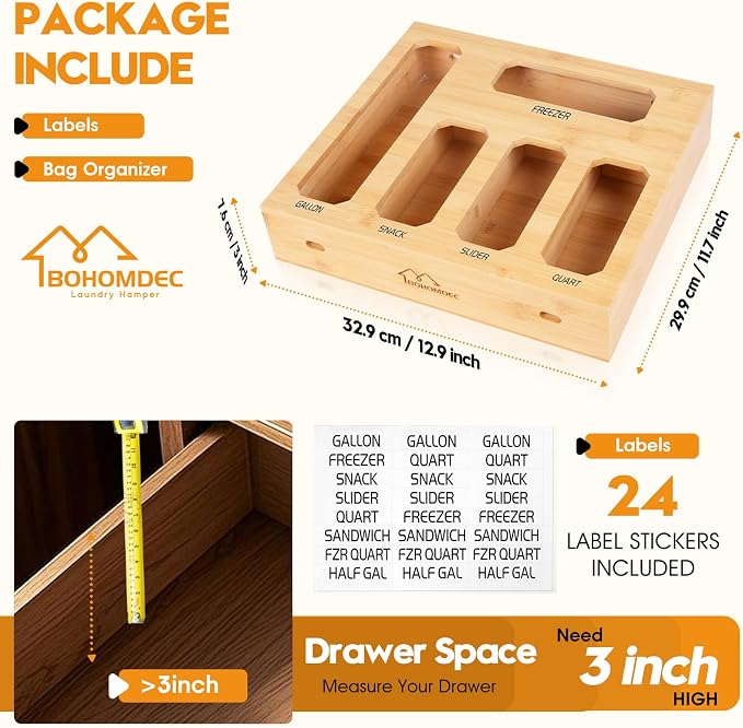 Bamboo Ziplock Bag Organizer for Kitchen Drawer, Food Storage Baggie Holder - Image 3