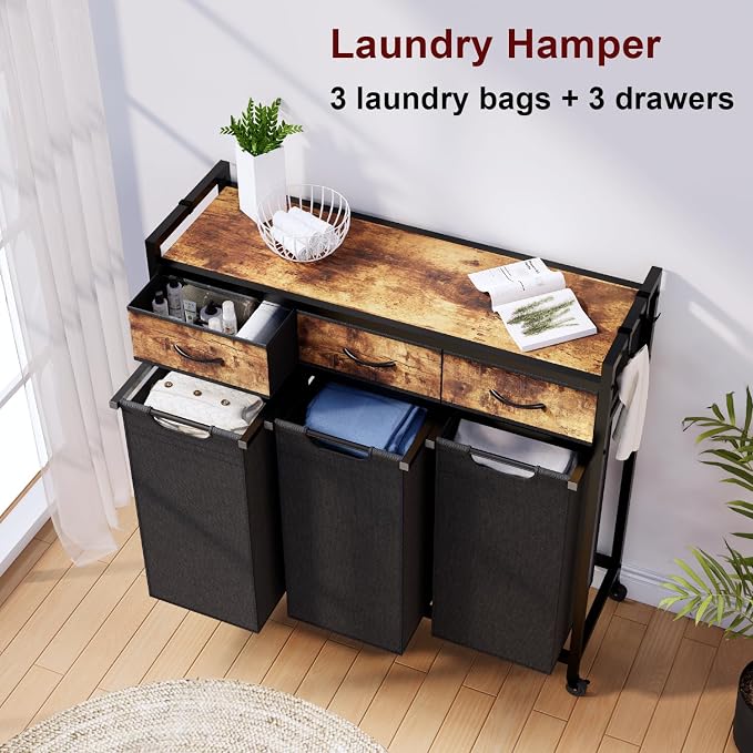 Laundry Hamper, Laundry Sorter 3 Section, Rolling Laundry Basket - Image 7