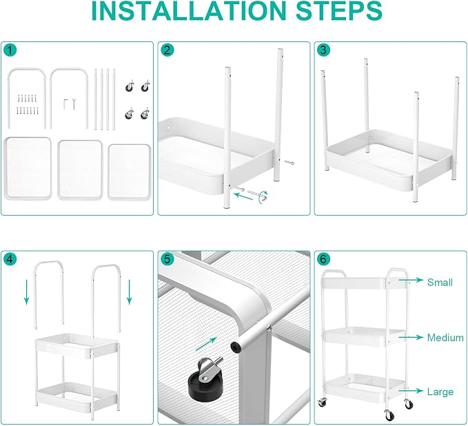 3-Tier Rolling Cart, Metal Utility Storage Carts - Image 3