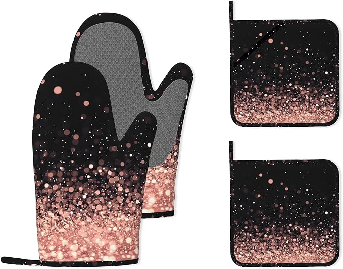 Rose Gold Glitter Silicone Oven Mitts and Pot Holders, Heat-Resistant 4 Piece by Unknown