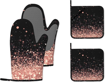 Rose Gold Glitter Silicone Oven Mitts and Pot Holders, Heat-Resistant 4 Piece by Unknown