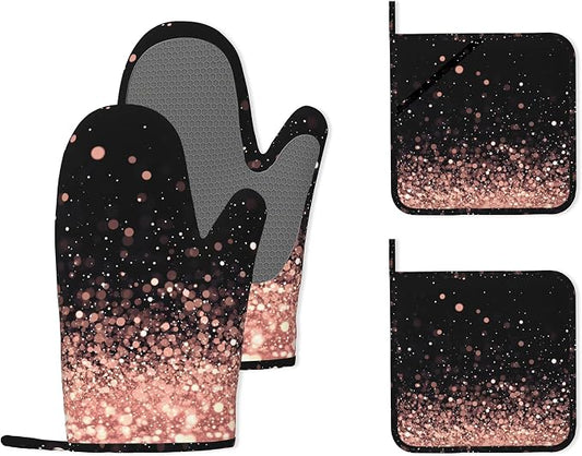 Rose Gold Glitter Silicone Oven Mitts and Pot Holders, Heat-Resistant 4 Piece by Unknown
