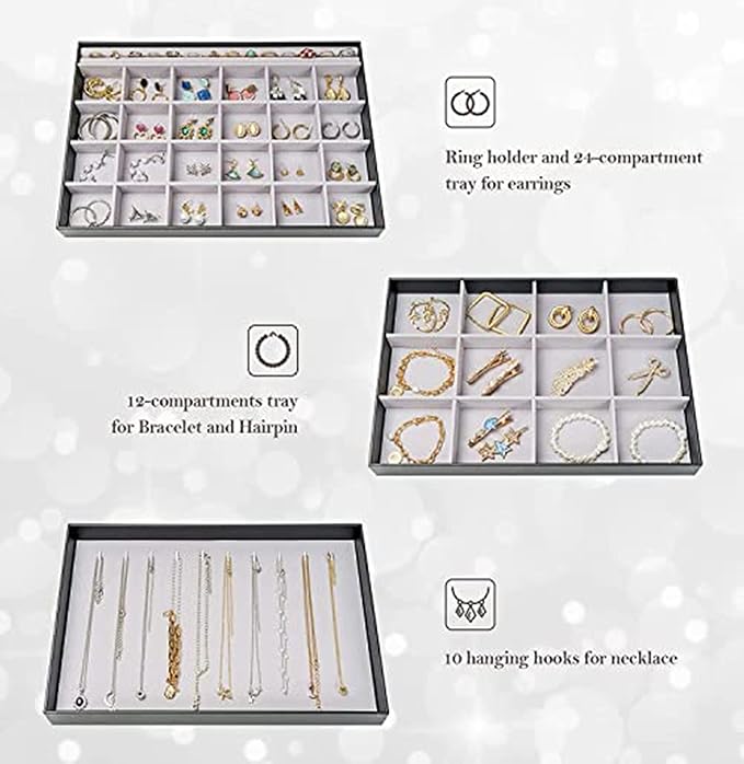 ProCase Stackable Large Jewelry Drawer Organizer, 3 Pack Velvet Jewelry - Image 3