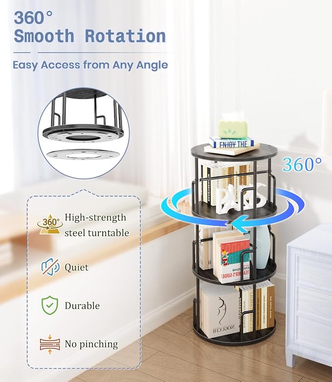 3 Tier Rotating Bookshelf Tower Round Black, 37”Floor Standing Spinning - Image 3