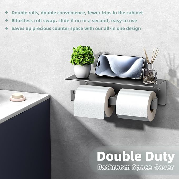 APLusee Gunmetal Gray Double Toilet Paper Holder - Image 2