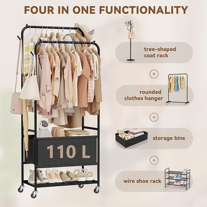 Laundry Cart with Wheels and Hanging Rack, Heavy Duty Rolling Clothes Rack with - Image 6