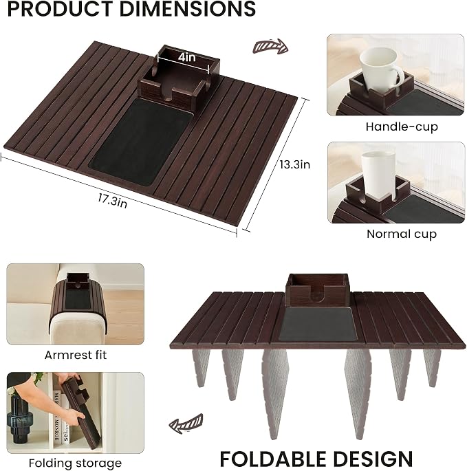 Bamboo Couch Cup Holder, Foldable Sofa Arm Tray, Anti-Slip Couch Aremrest Tray - Image 3